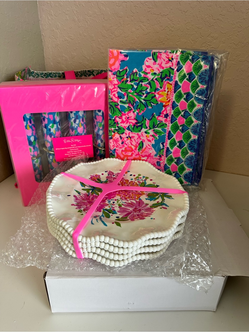 Lilly Pulitzer Pink & Blue Floral Plates and Napkins and place mats